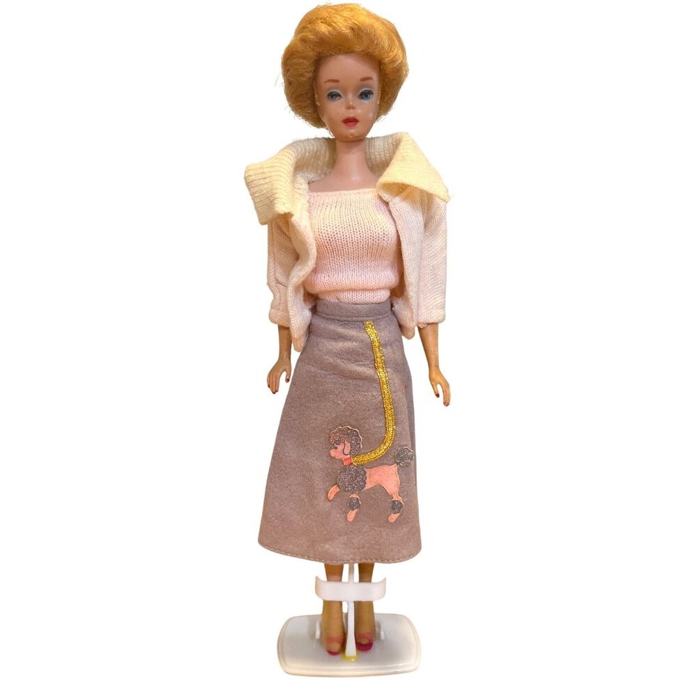 Vintage 1961 Bubble Cut Barbie Strawberry Blonde Japan Stamped Pink Sweater Set